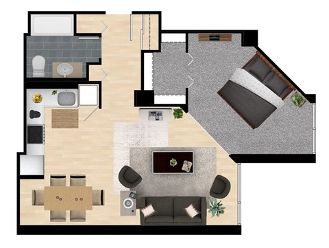 Floor plan for 1 bed, 1 bath, 671 sqft